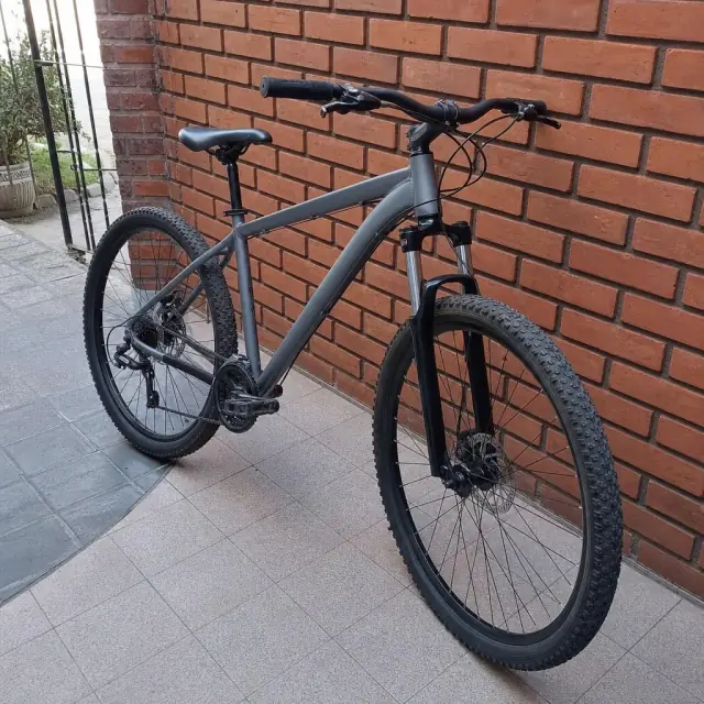 Grey mountain bike against a brick wall